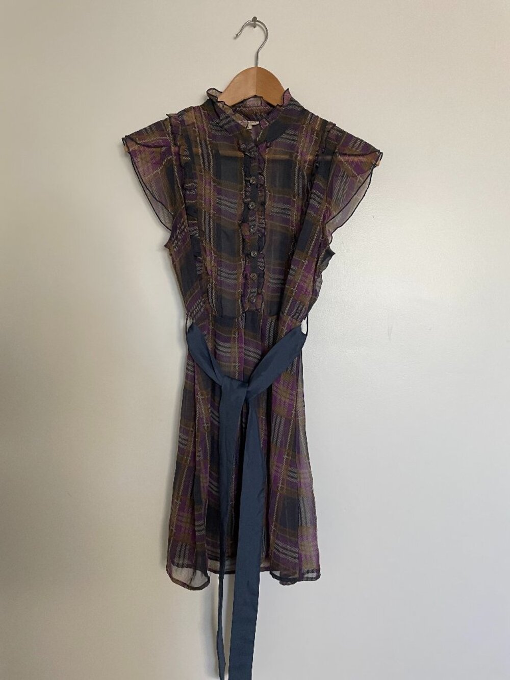 Sheer Plaid Ruffle Front Dress with Waist Tie - Purple & Navy Heritage 1981